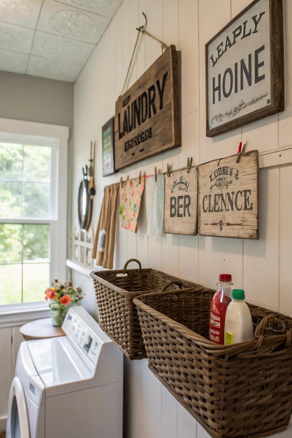 Decorative signs add a personal touch to your laundry space.