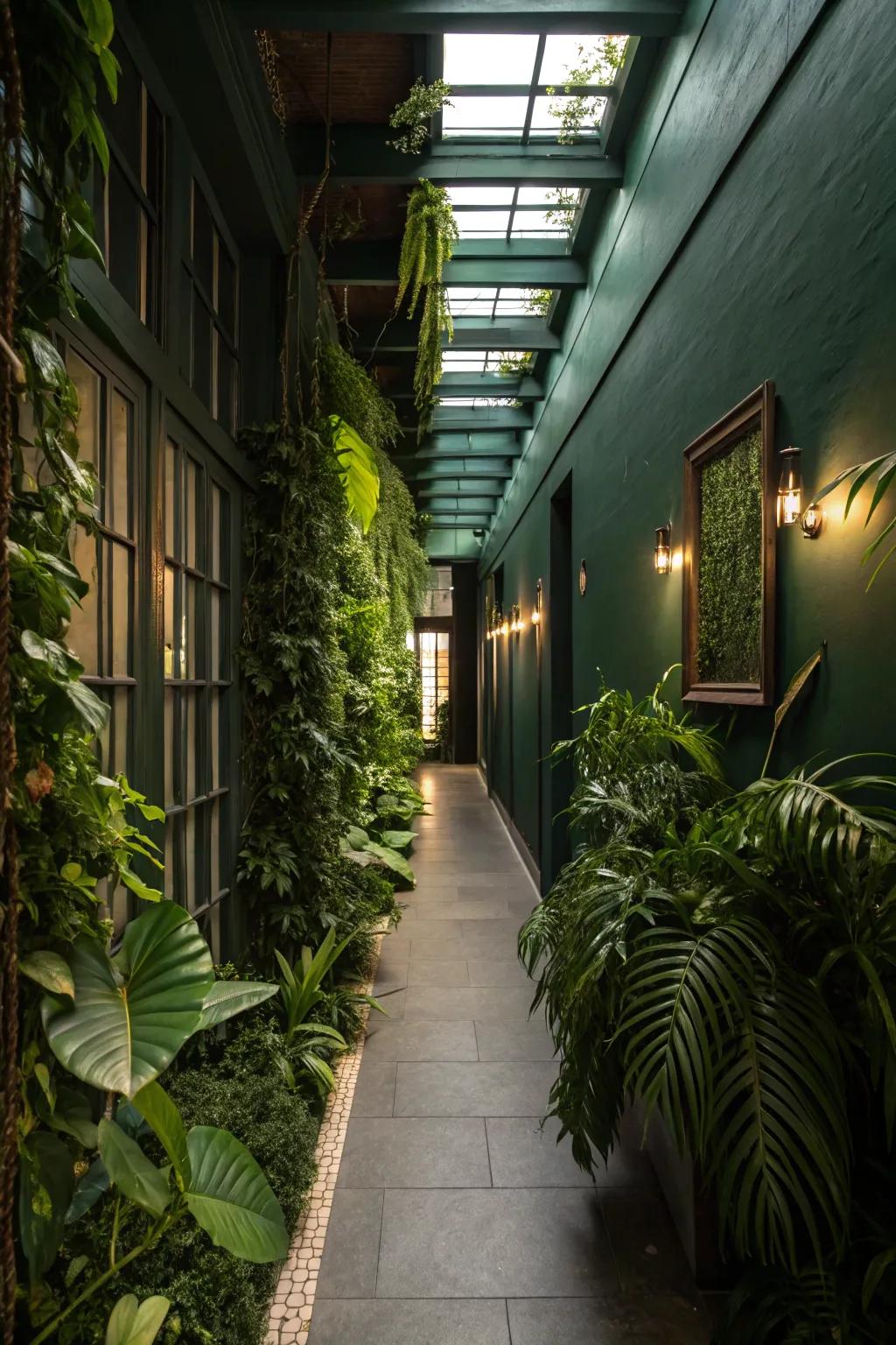 Flora introduces organic texture to this forest green hallway.