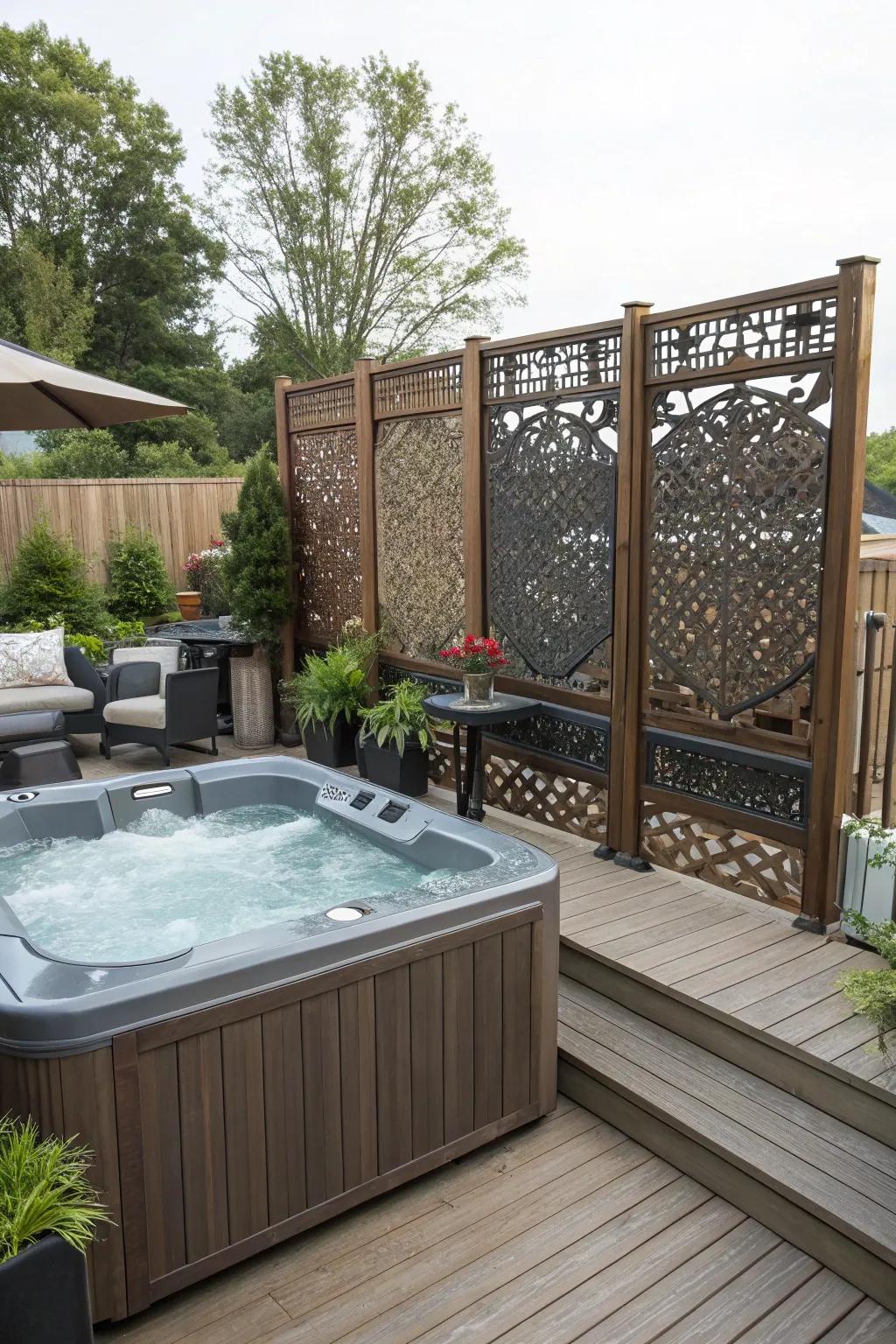 Privacy screens create a secluded hot tub experience.