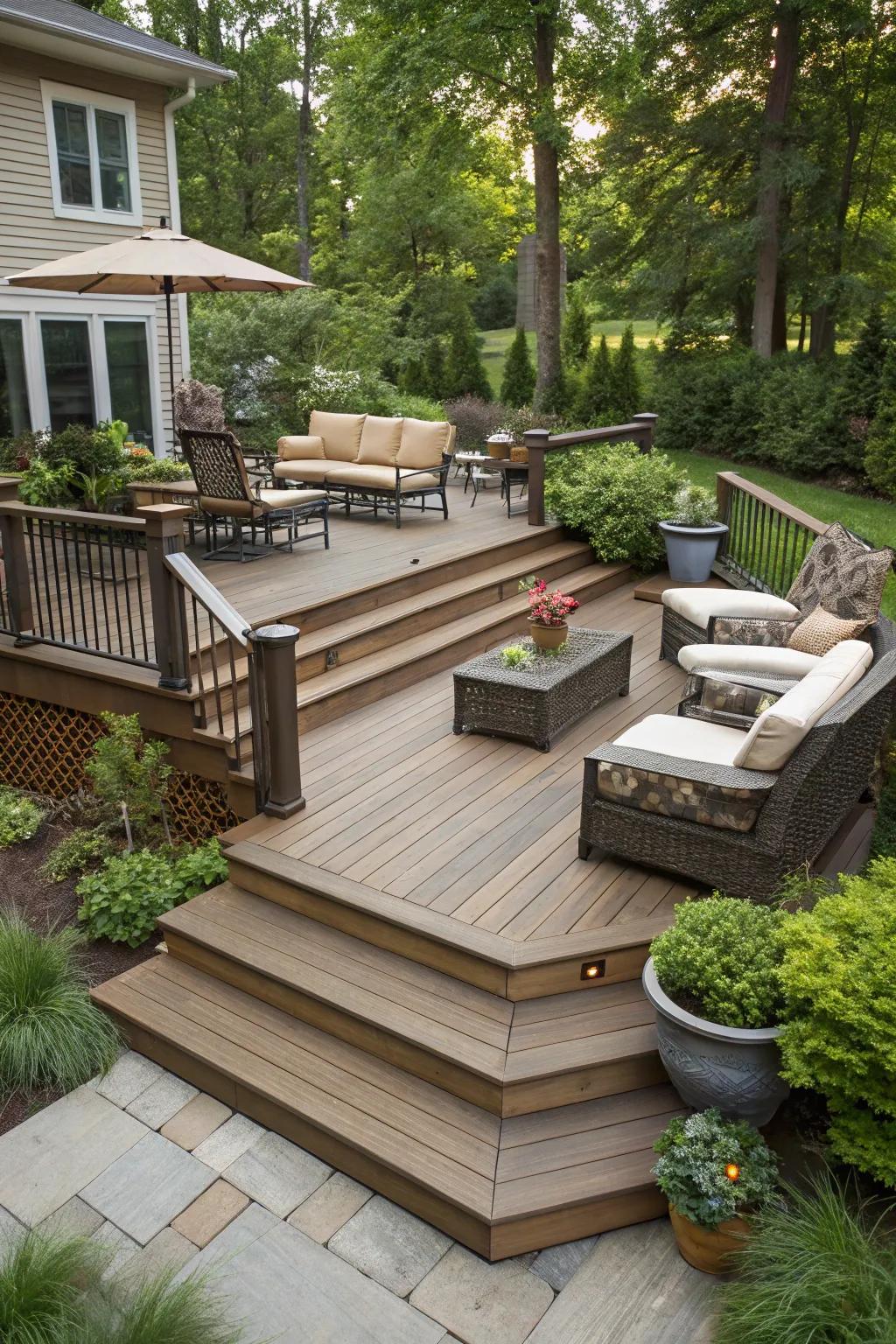 A multi-level deck with dynamic and functional steps