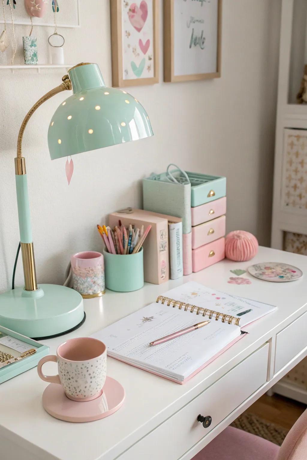 A pastel color theme creating a calming and cohesive workspace.