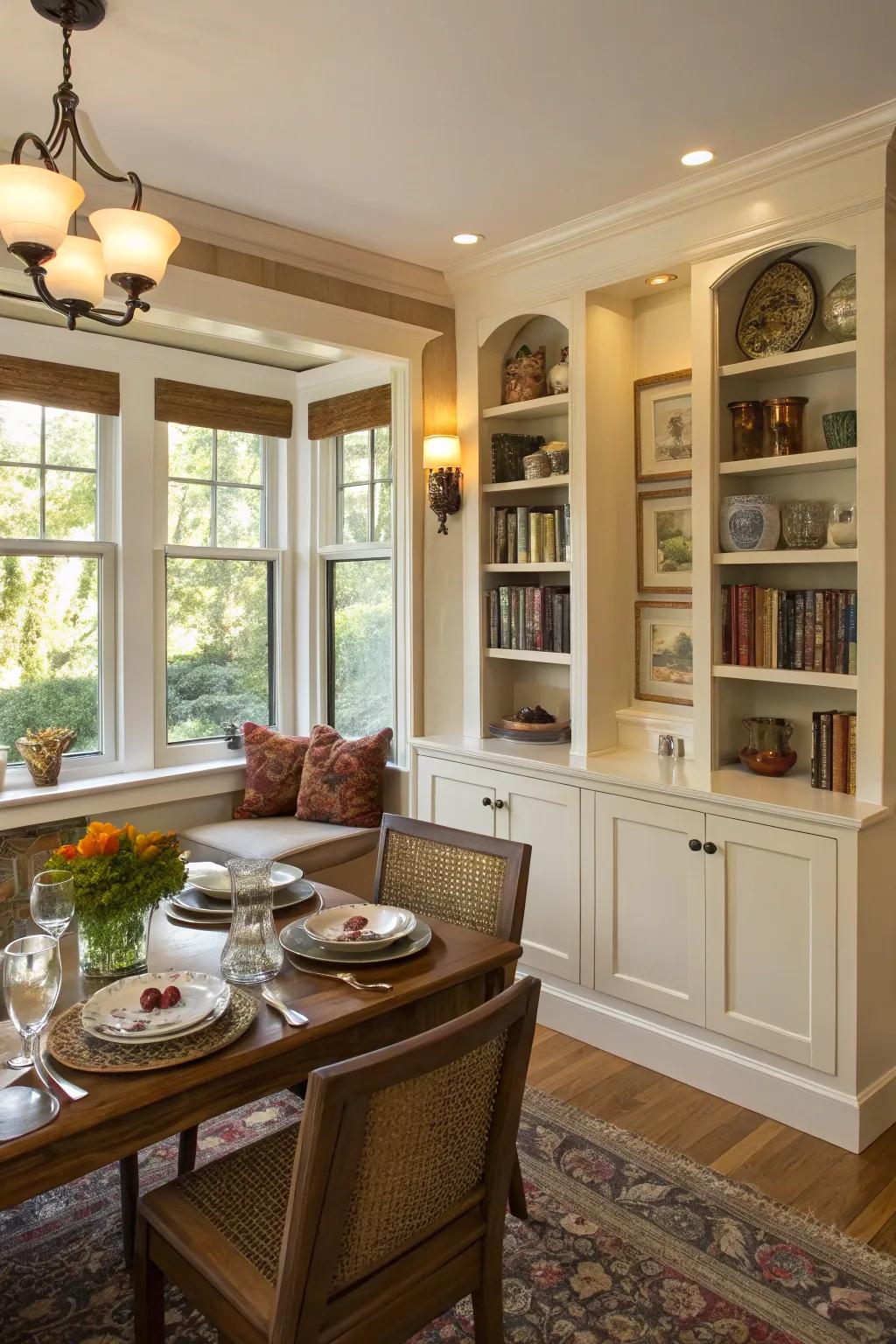 Nooks and built-ins add both storage and decorative elements to your dining room.