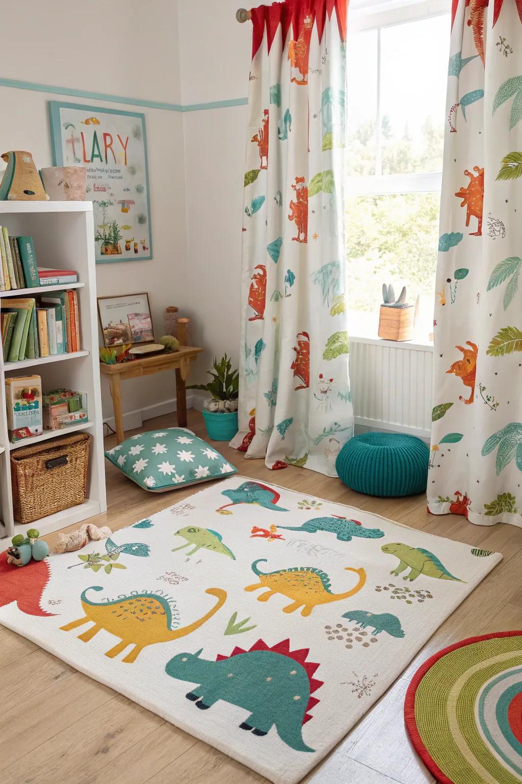 Playful dinosaur-themed rugs and curtains that complete the room's look.