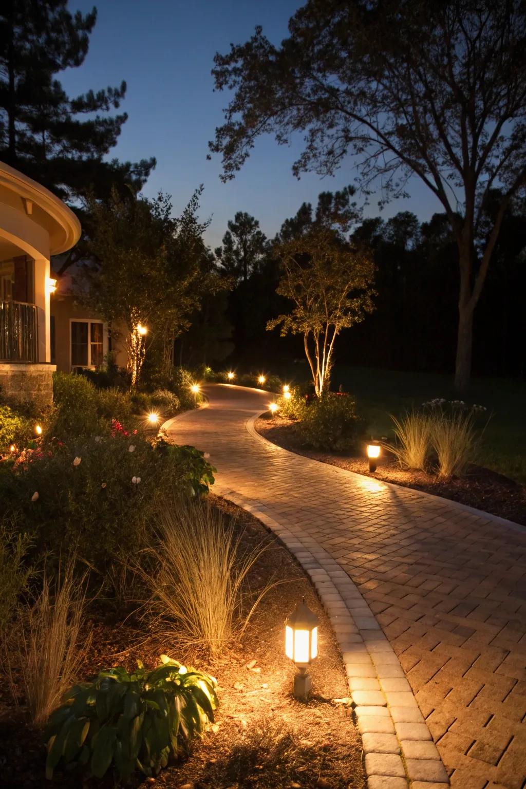 Pathway illumination amplifies the berm's twilight allure.
