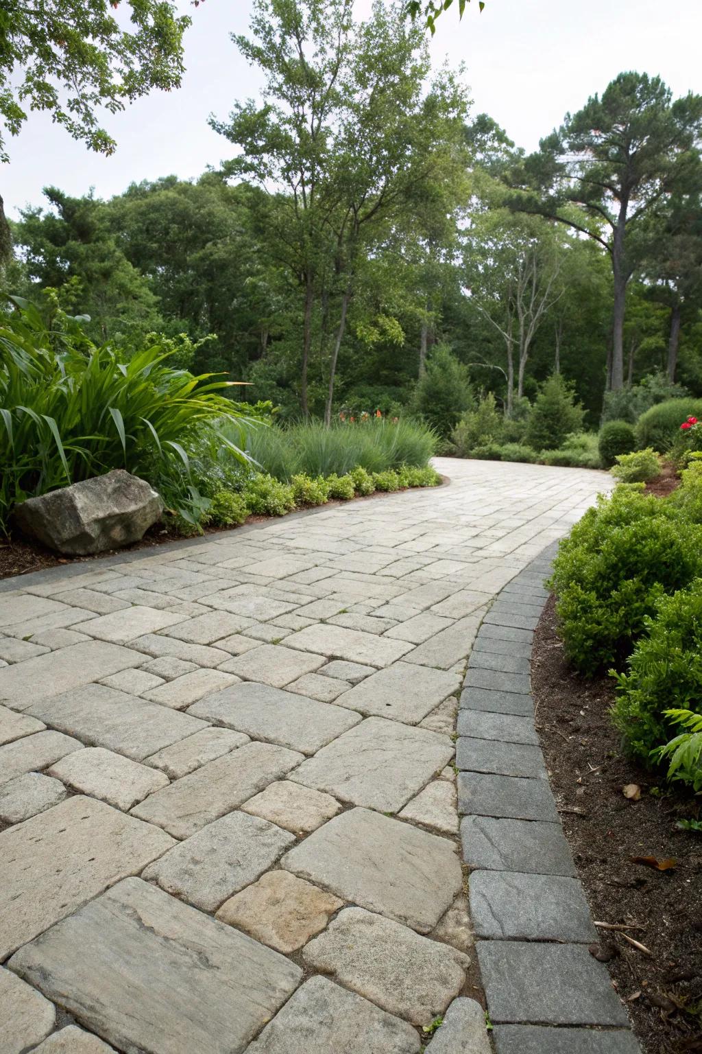 Timeless elegance with natural stone pavers in a lush setting.