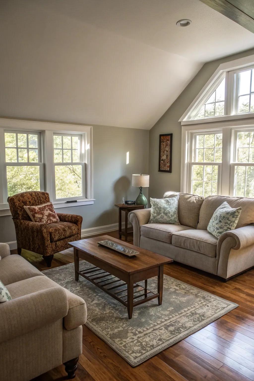 A distinctive diagonal furniture configuration creating an open space.