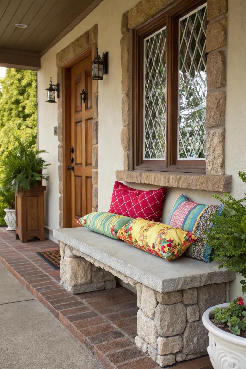 A cozy stone bench with cushions offers a perfect spot for relaxation.