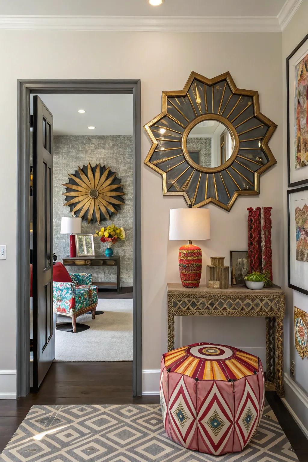 A geometric mirror adds artistic flair and becomes a focal point in the entryway.