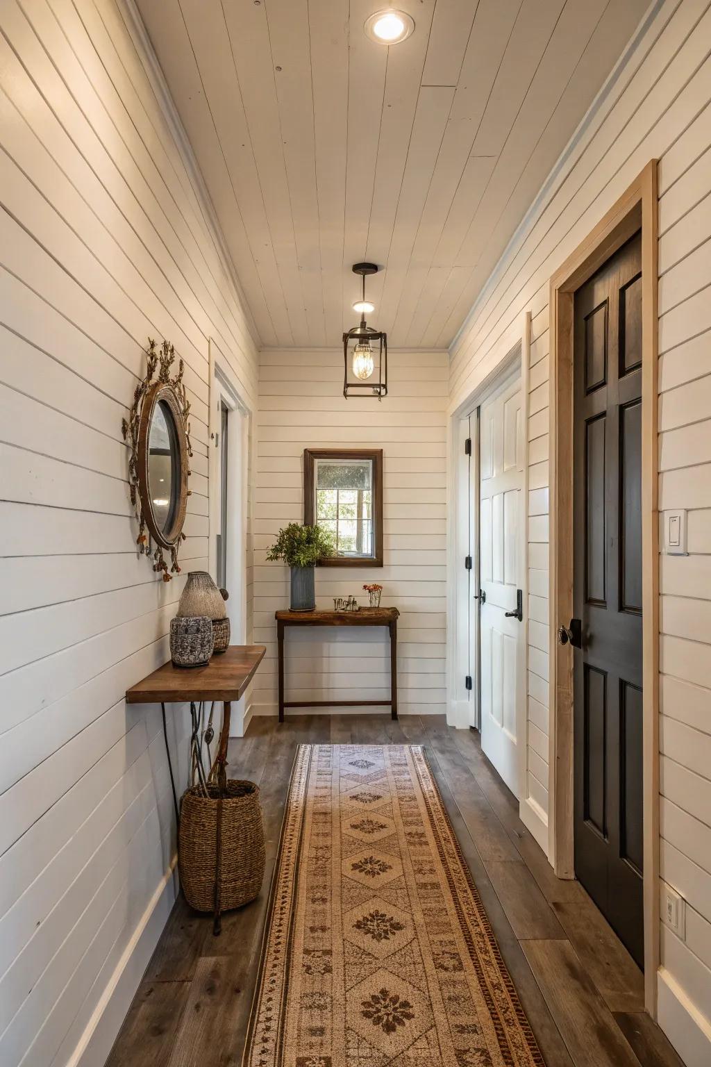 Textured wall panels add depth and warmth to entryway walls.