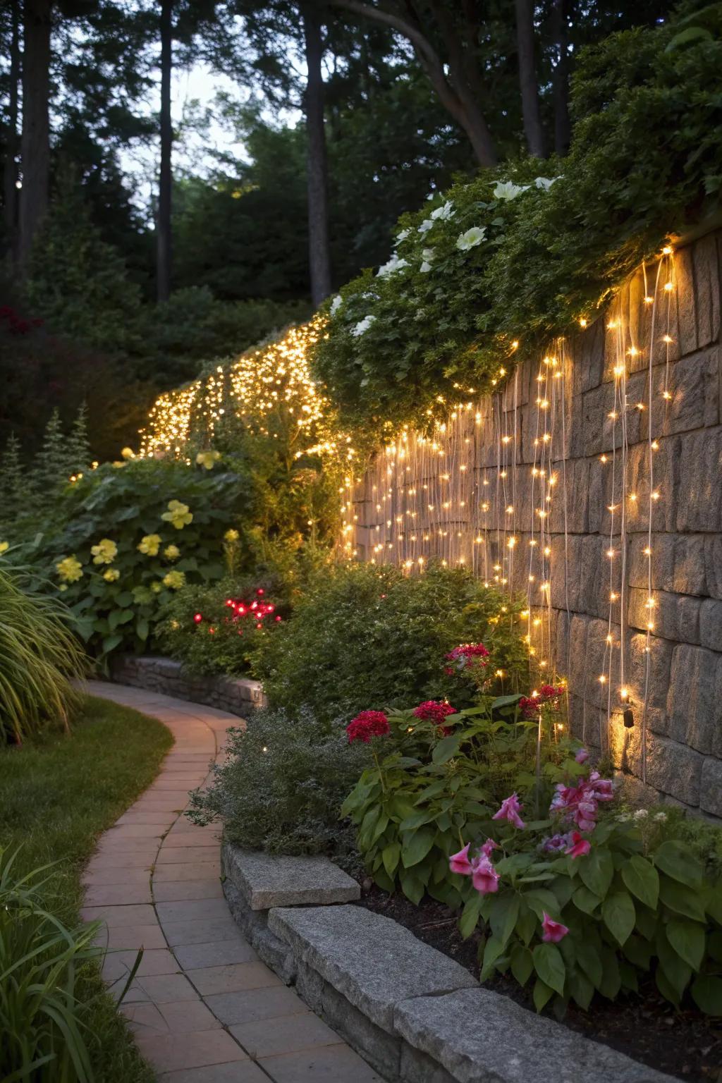 Fairy lights transform garden walls into enchanting backdrops.