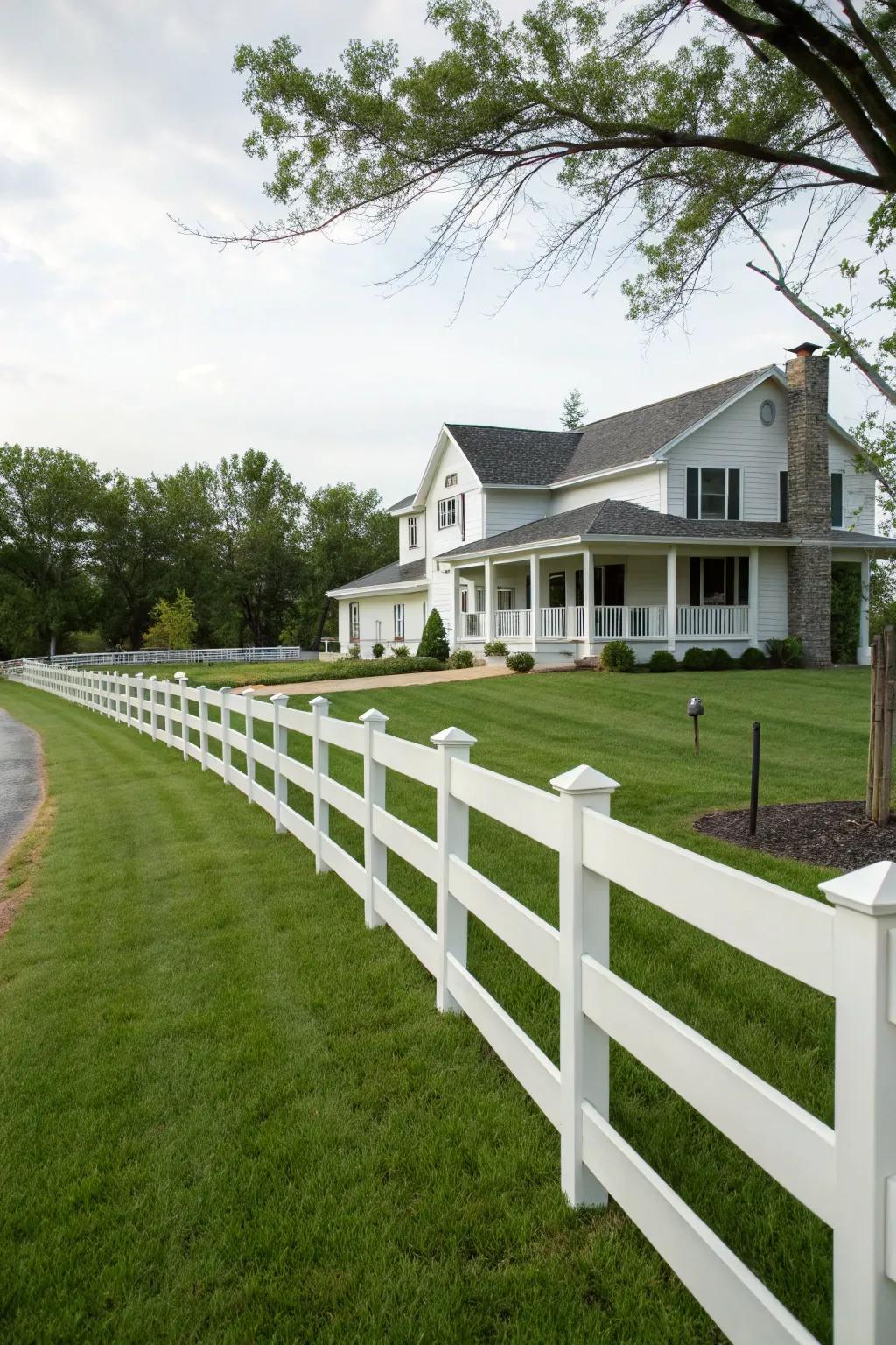 Vinyl ranch rail fences combine style with low maintenance.