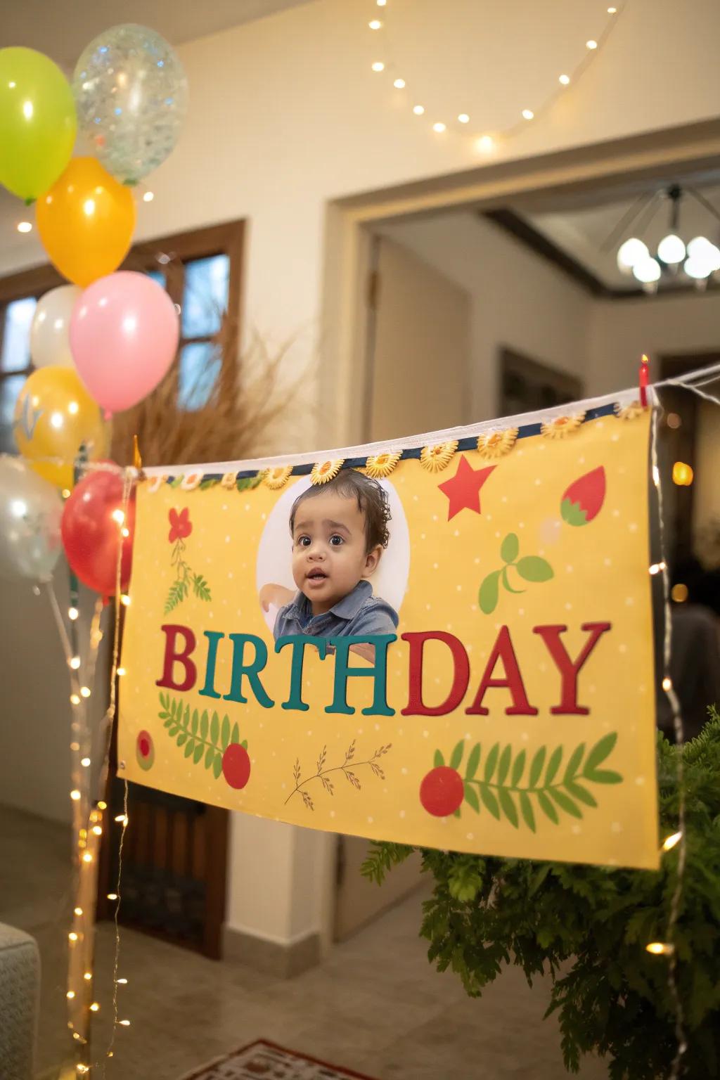 A personalized banner adding a special touch to the first birthday party.