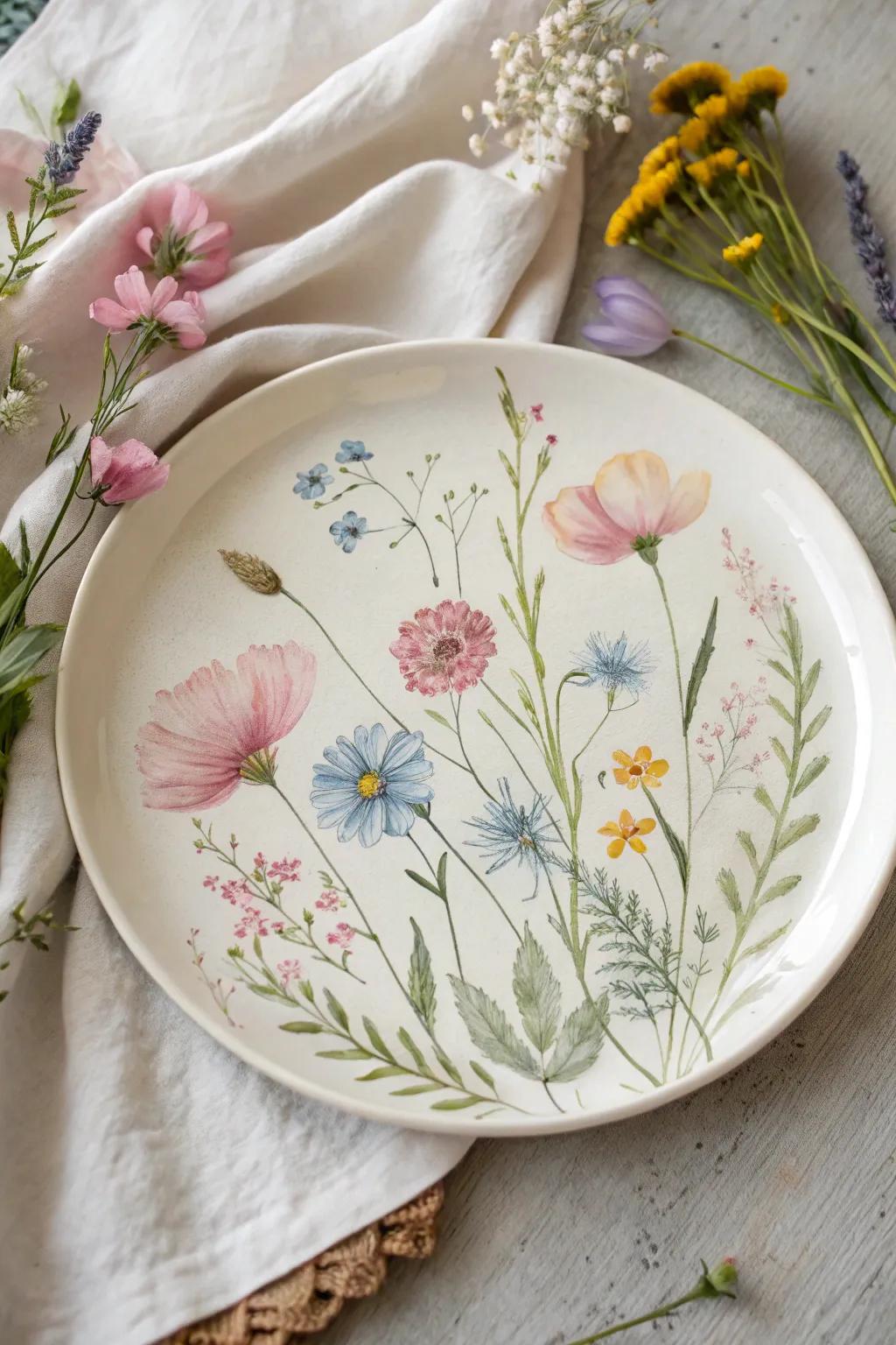 Watercolor wildflowers bring a soft, artistic touch to your plates.