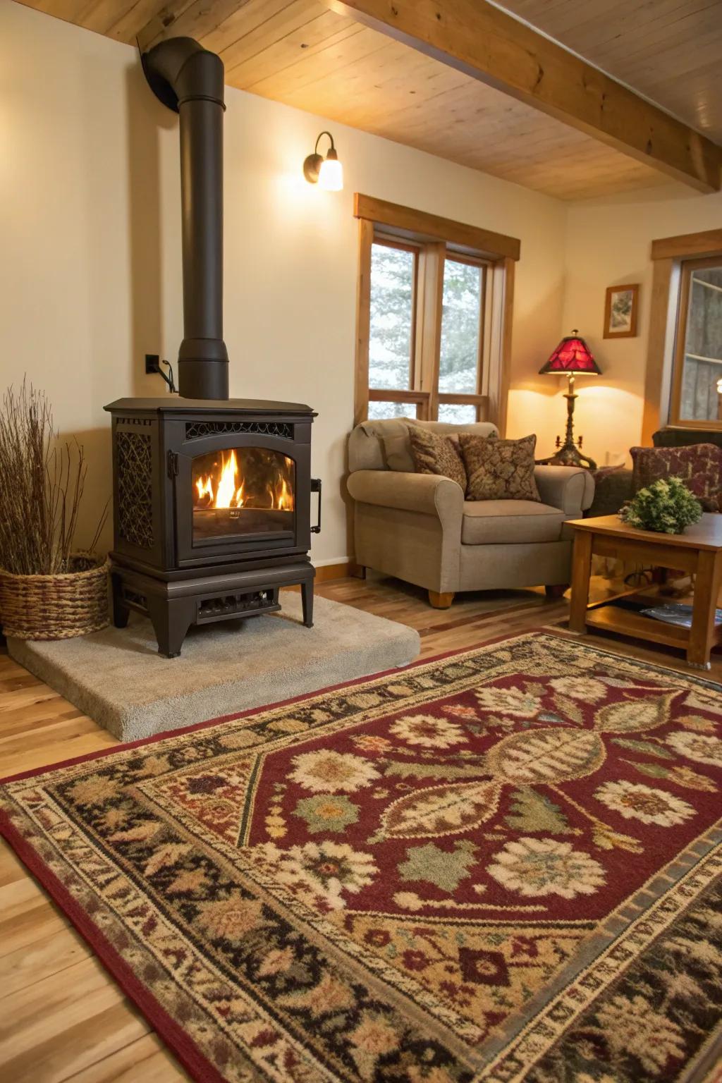 A hearth rug adds warmth and style to the stove area.