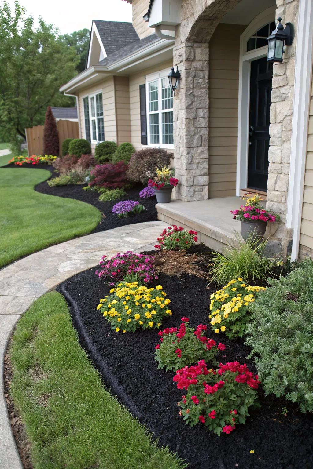 Create a welcoming entrance with strategic mulch and plants.