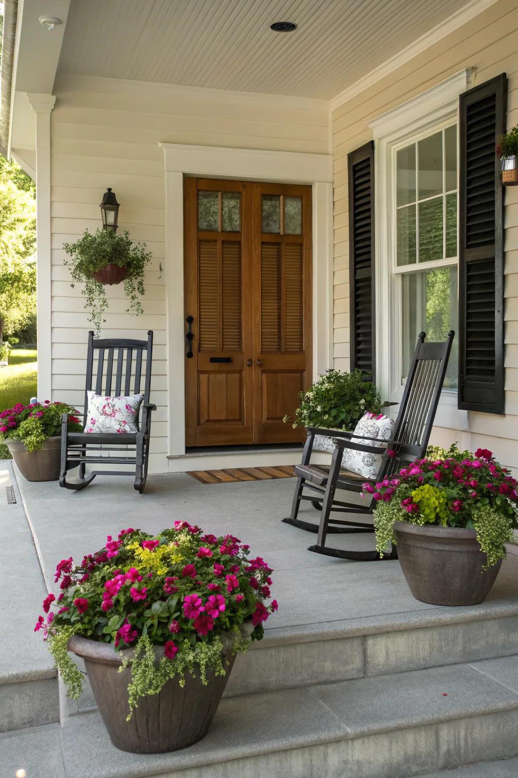 A front porch presents a symmetrical arrangement of chairs and vases.
