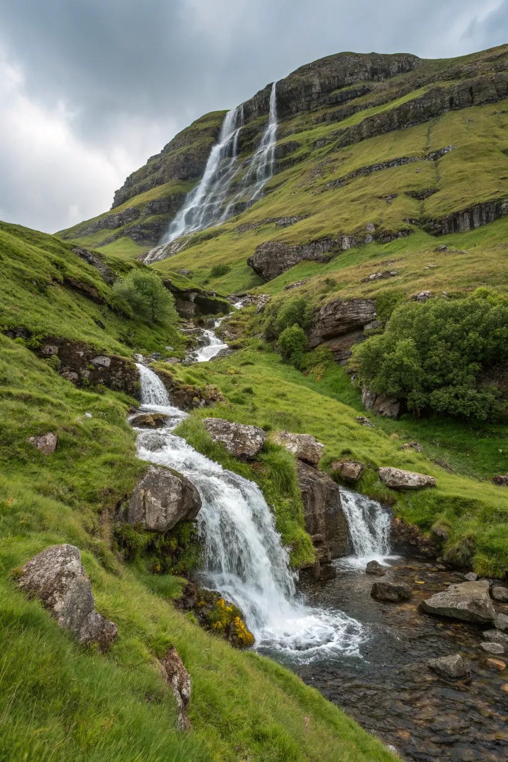 A cascading water feature adds tranquility and beauty to your slope.