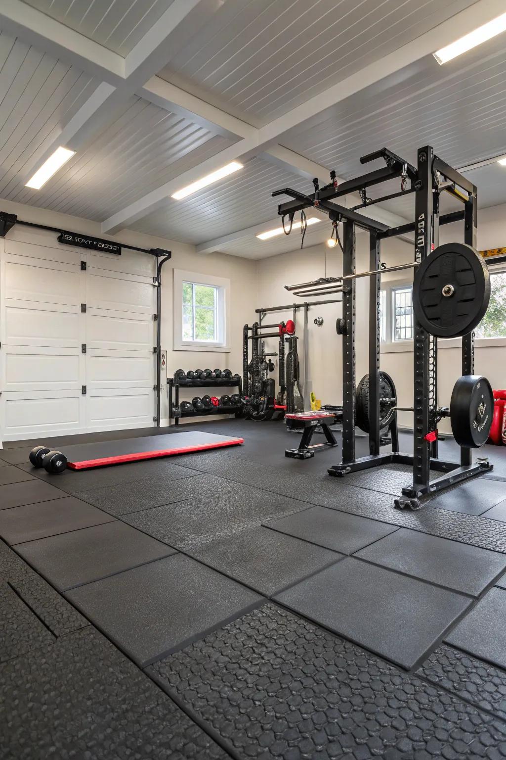 Rubberized flooring protects your equipment and enhances workout safety.