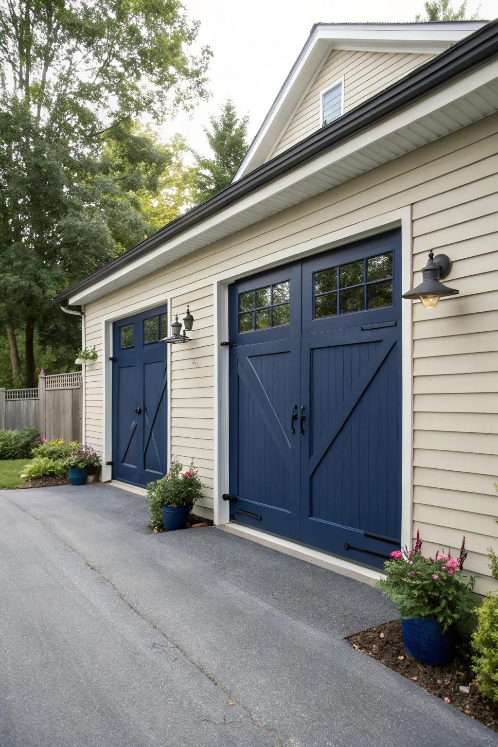 A garage that stands out with its vibrant navy doors.