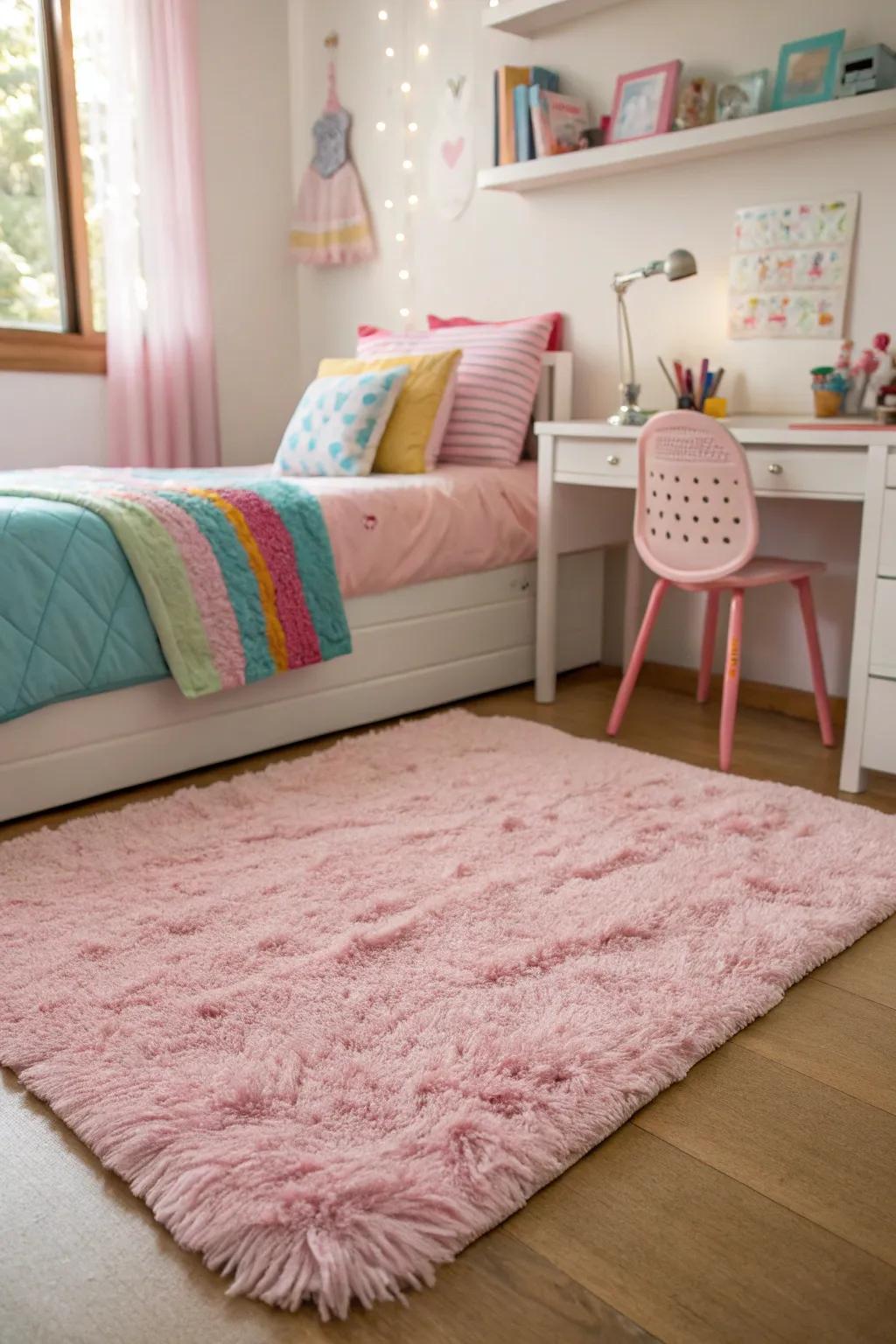 A soft pink rug adds coziness and style.