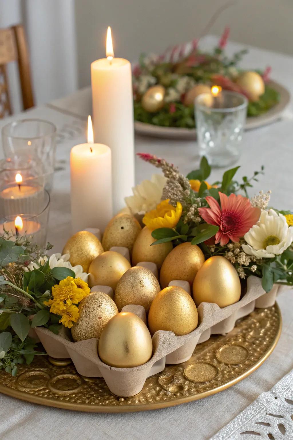 A golden egg centerpiece that brings elegance to any Easter table.