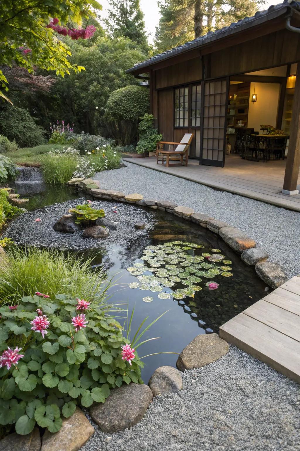 A gravel patio enhanced by a tranquil water feature, creating a serene atmosphere.