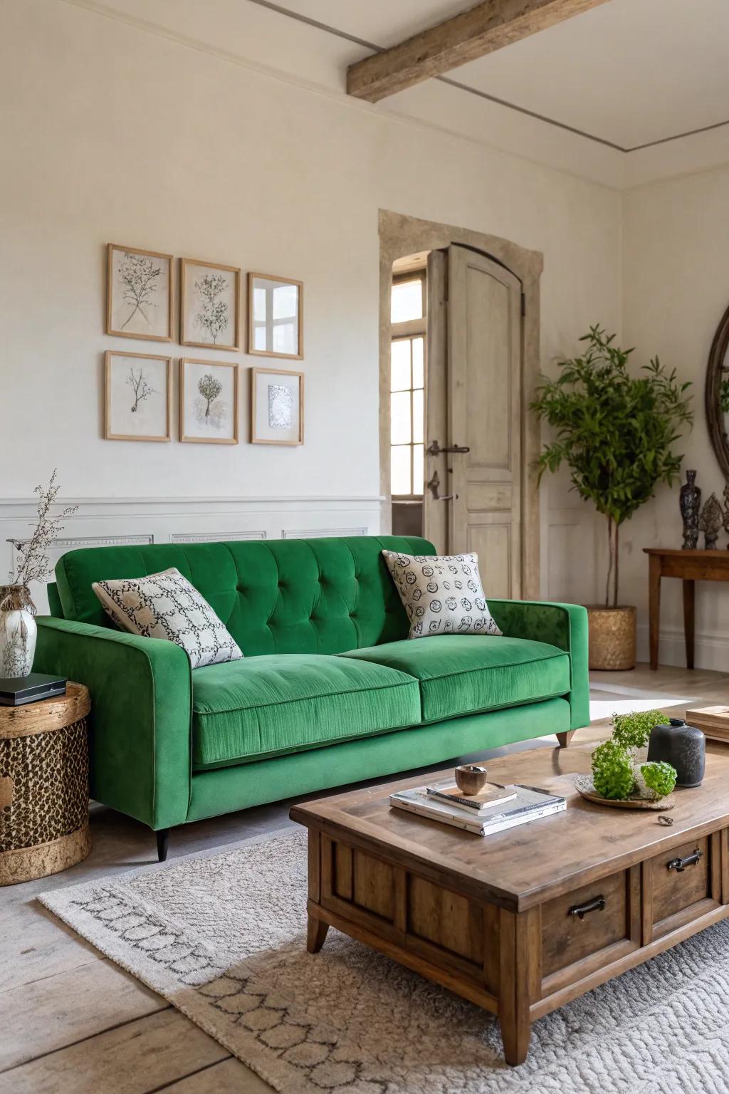 A green sofa serves as a captivating focal point.