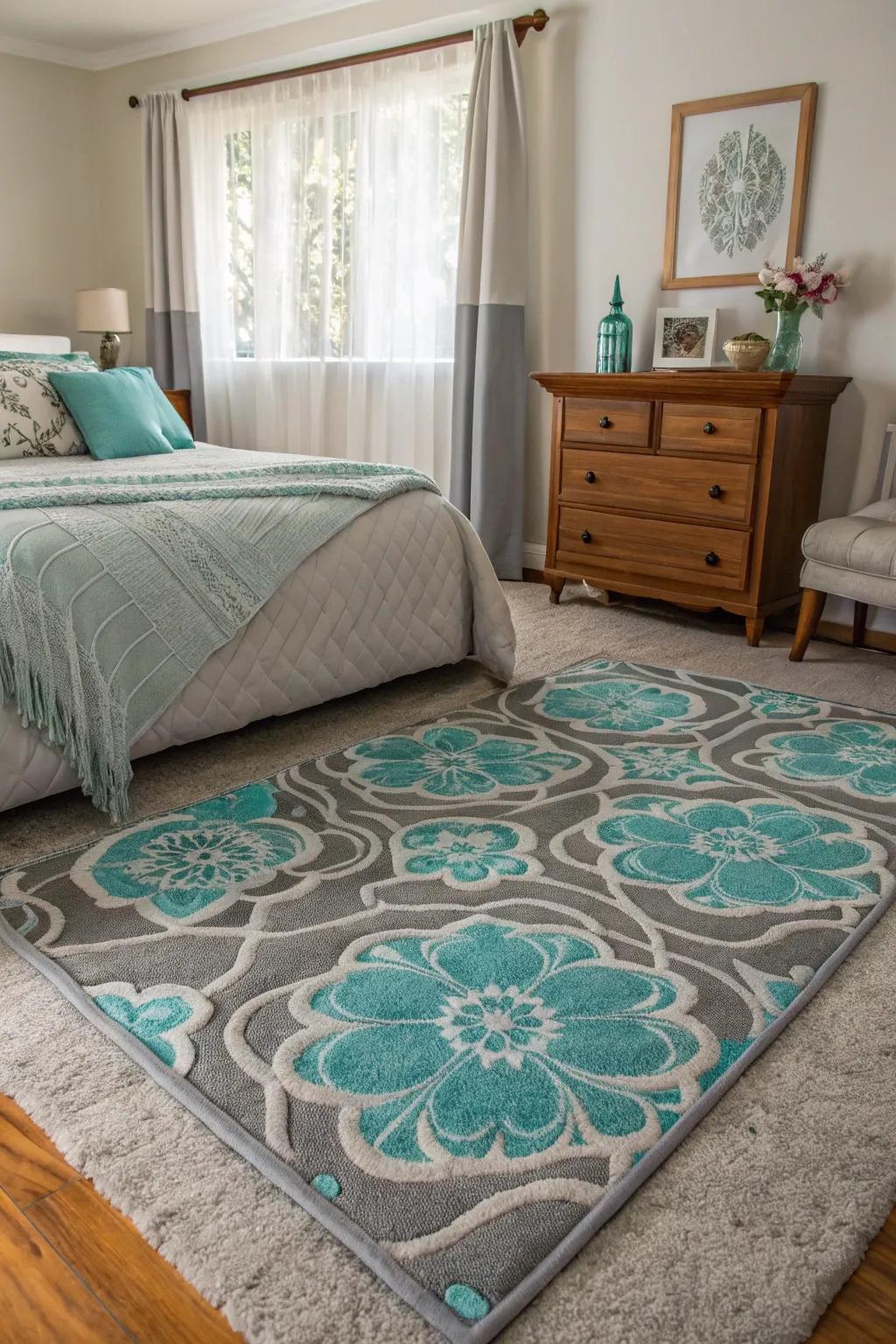 A patterned rug anchors the room with its cohesive design.