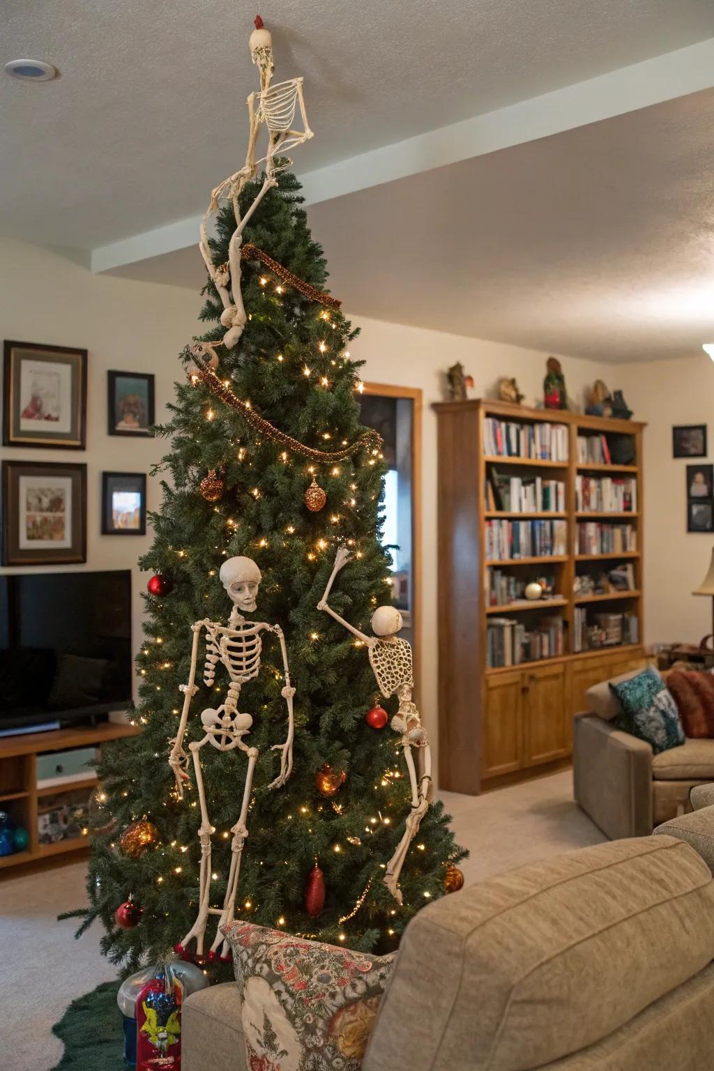 An amusing Halloween tree showcasing playful skeletal statuettes.