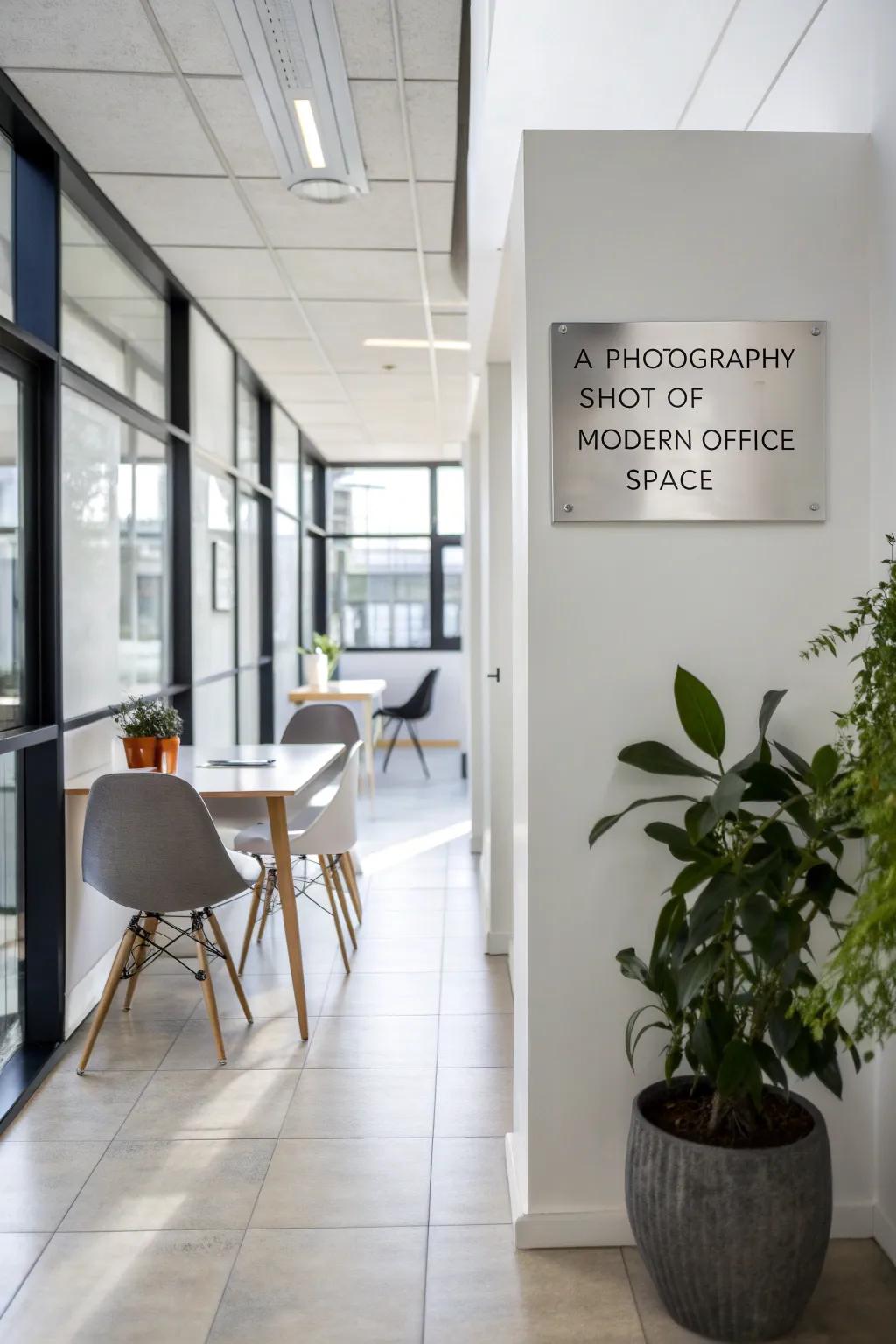 A minimalist metal sign that enhances a modern office environment.