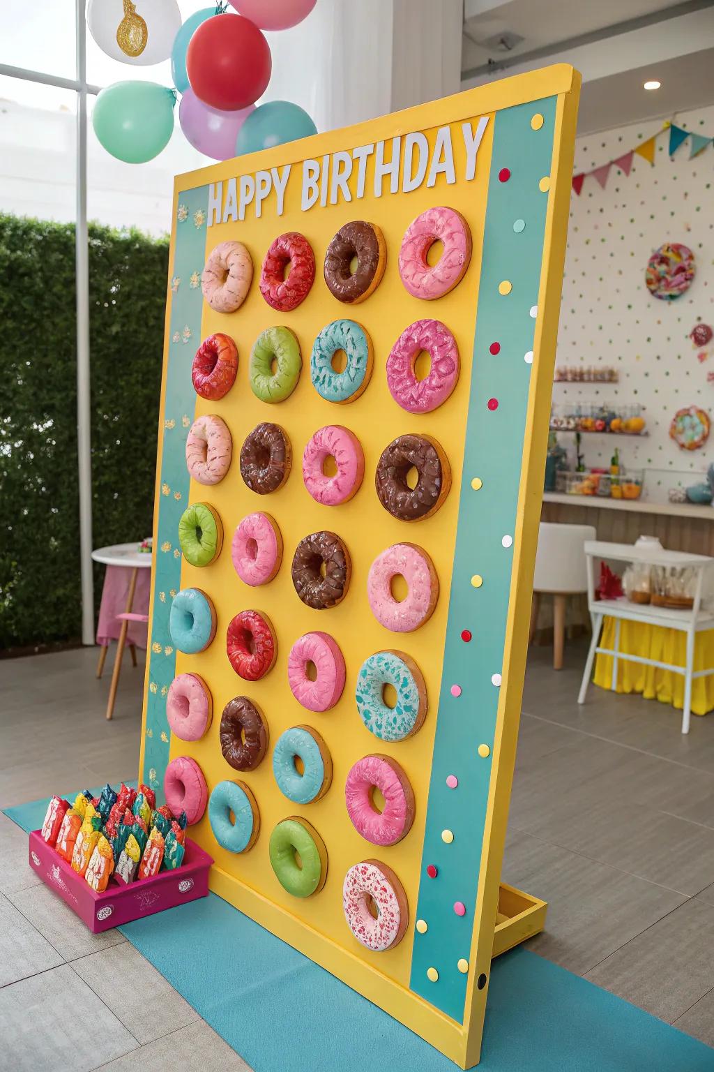 A spirited confection ring-themed birthday display that's tempting to savor.