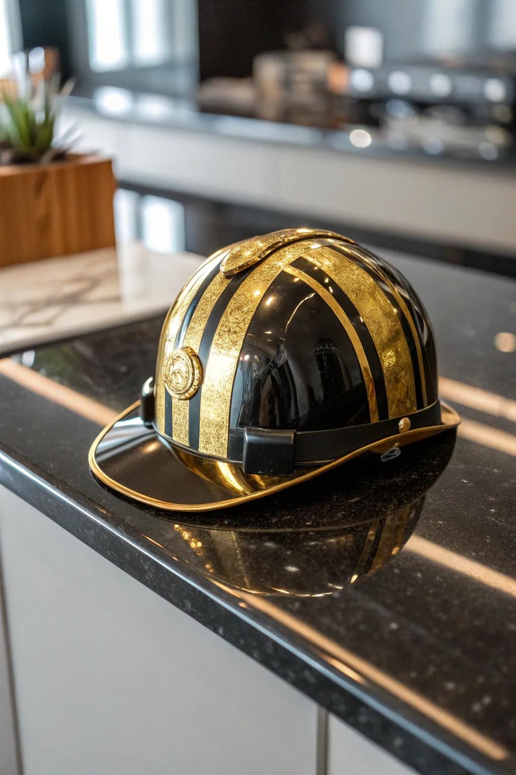 A hard hat glammed up with shiny metallic details.