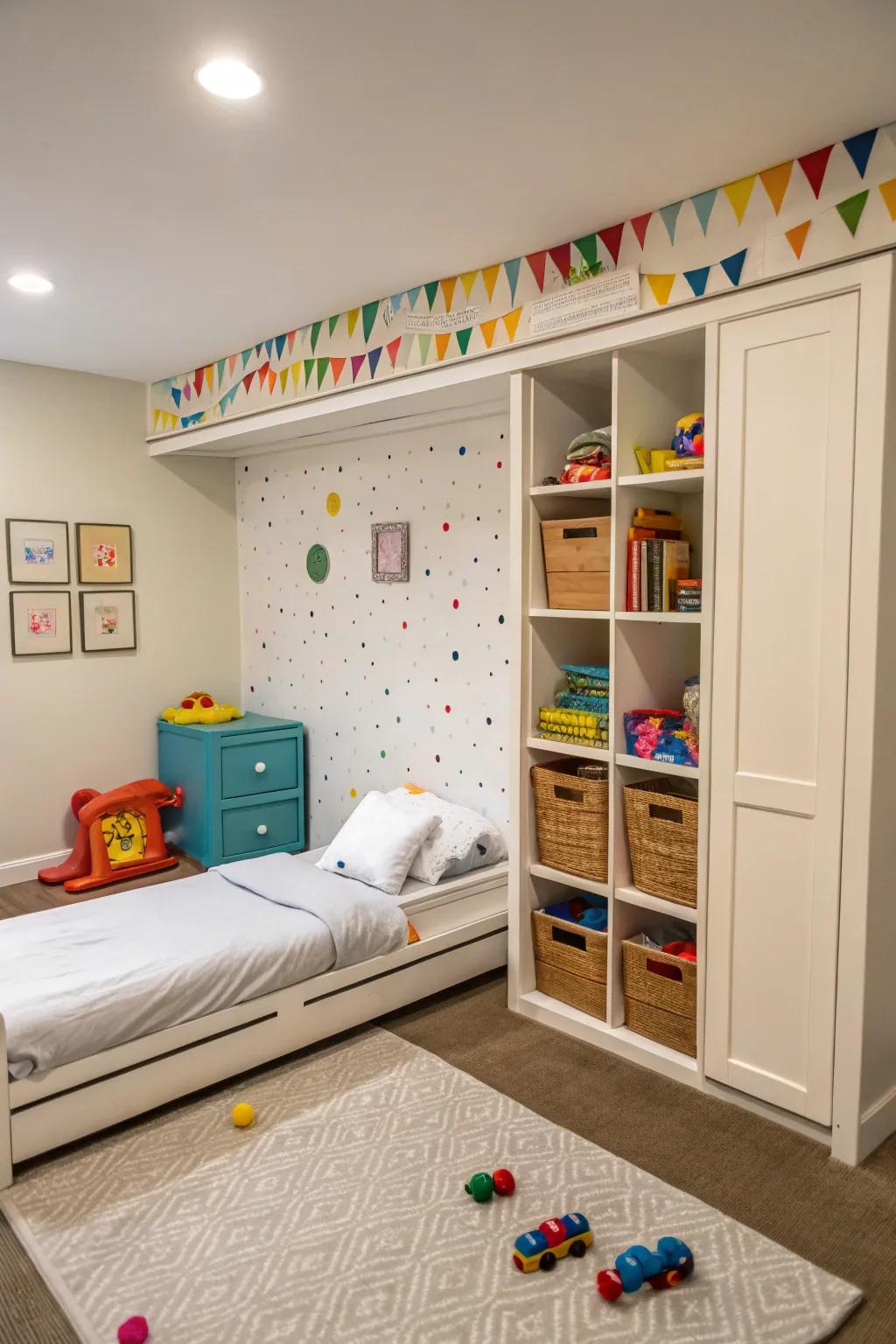 A playful children's room with a foldable Murphy bed, transforming into a fun play area.