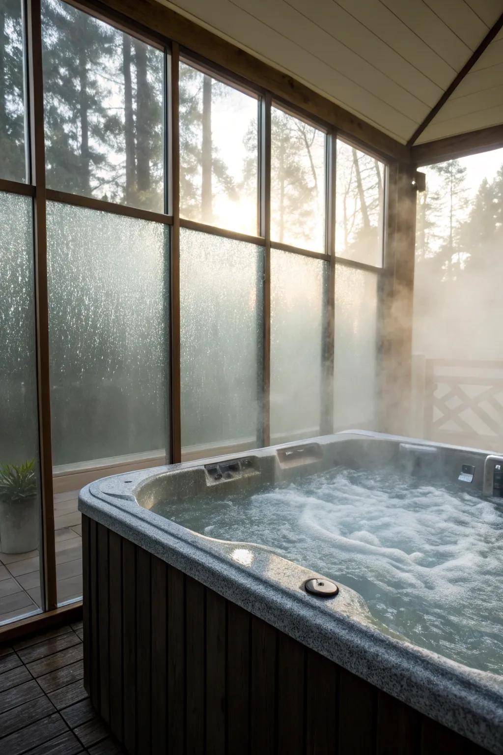 Frosted glass panels enable privacy without compromising light.