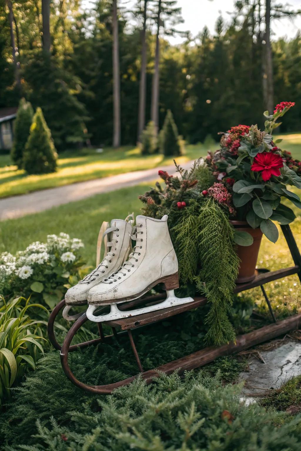 A nostalgic sled with vintage ice skates