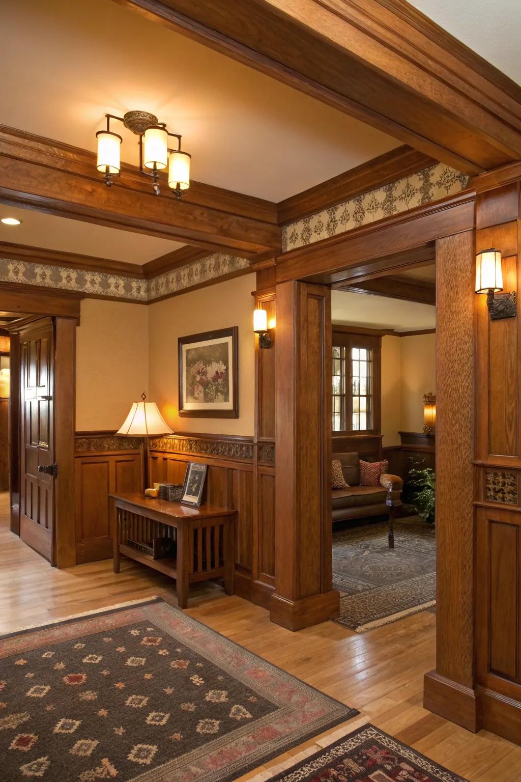 Cozy room enhanced by Craftsman-style architectural moldings.