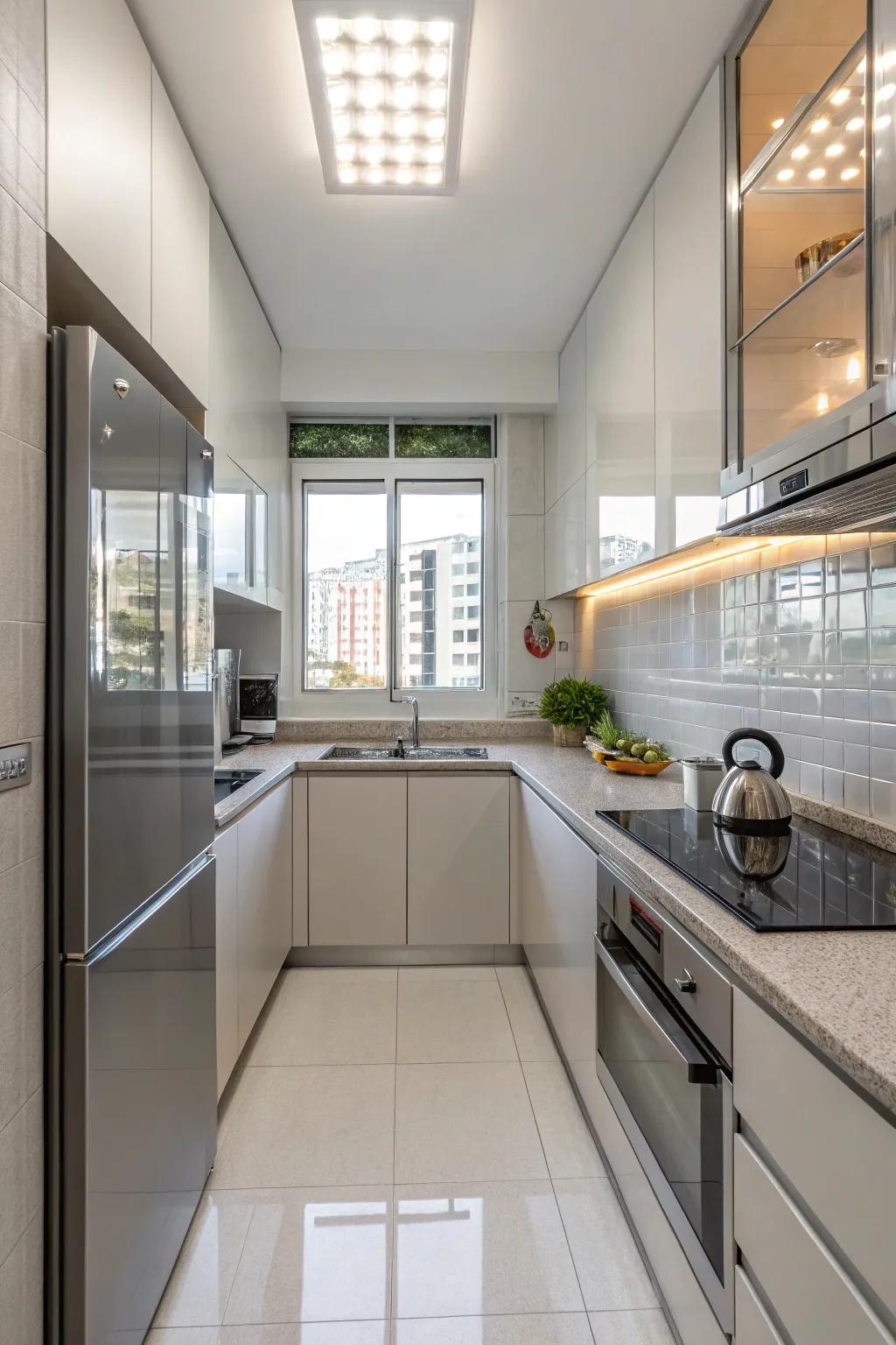 Mirrored backsplash windows enhance small kitchen spaces by reflecting light and expanding the view.