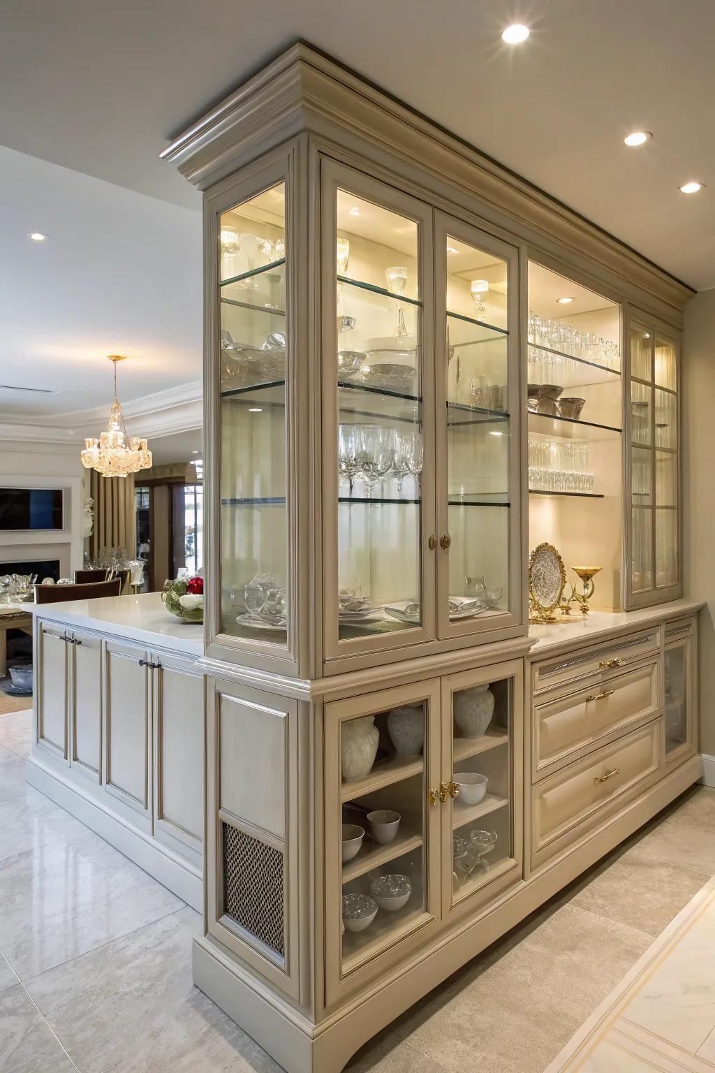 A glass-fronted sideboard extends classical refinement and sophisticated orchestration.