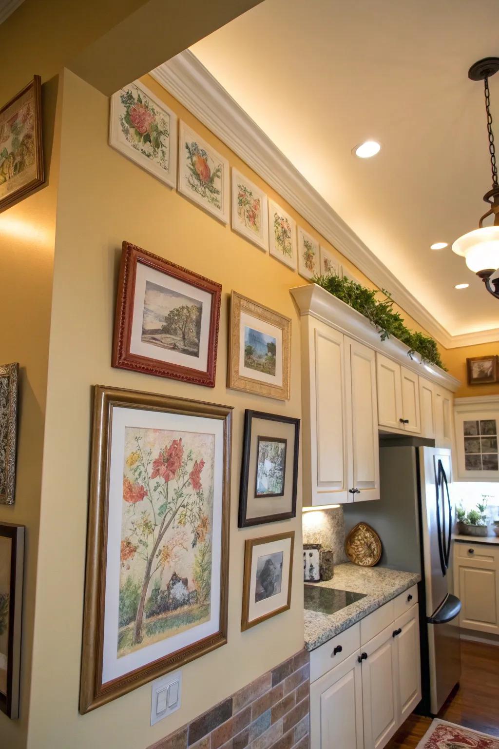 A kitchen soffit displaying artwork, adding a personal and artistic element.