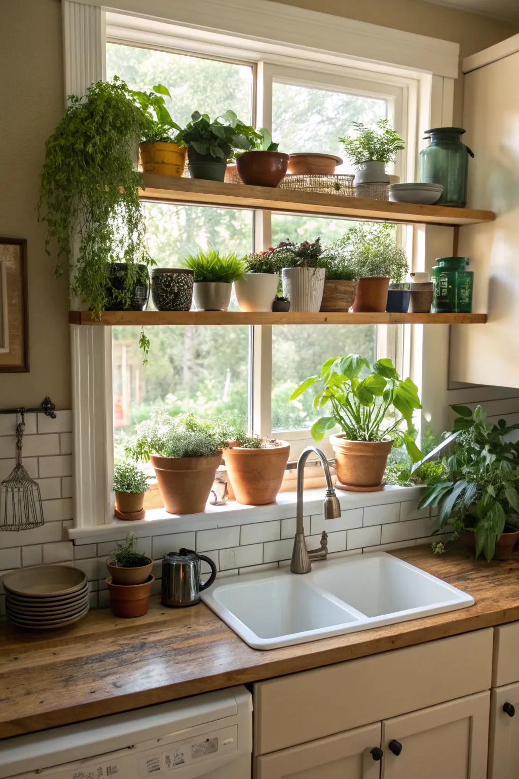 Integrated shelving under a kitchen window with decorative plants.