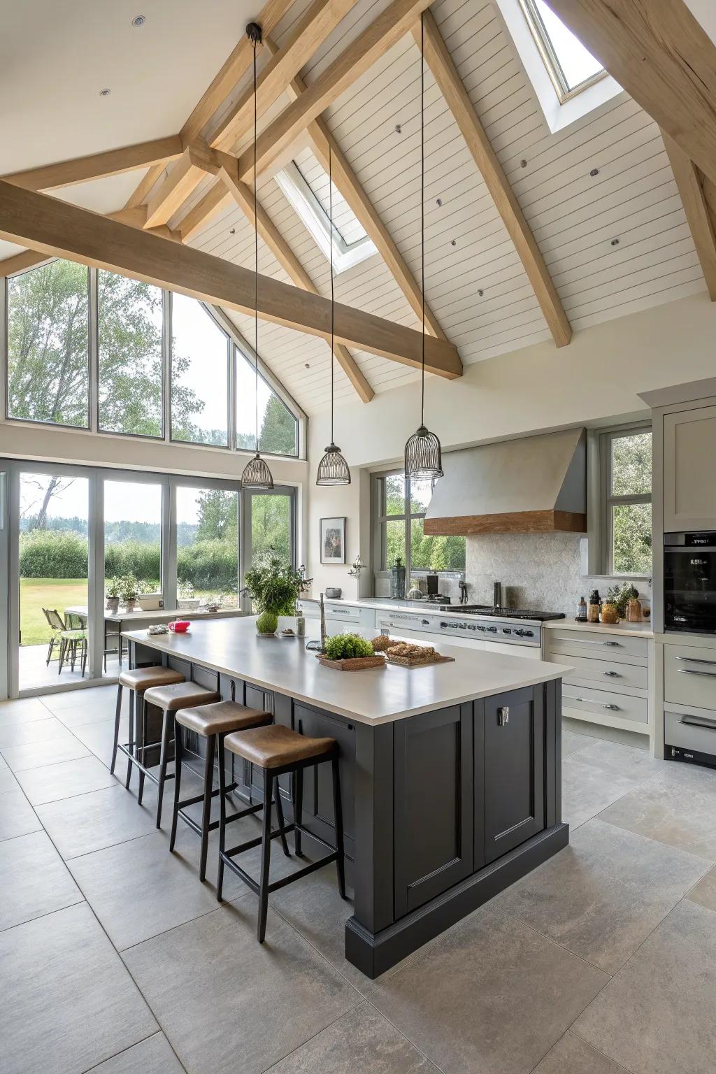 A central island acts as the heart of this kitchen with a vaulted ceiling.