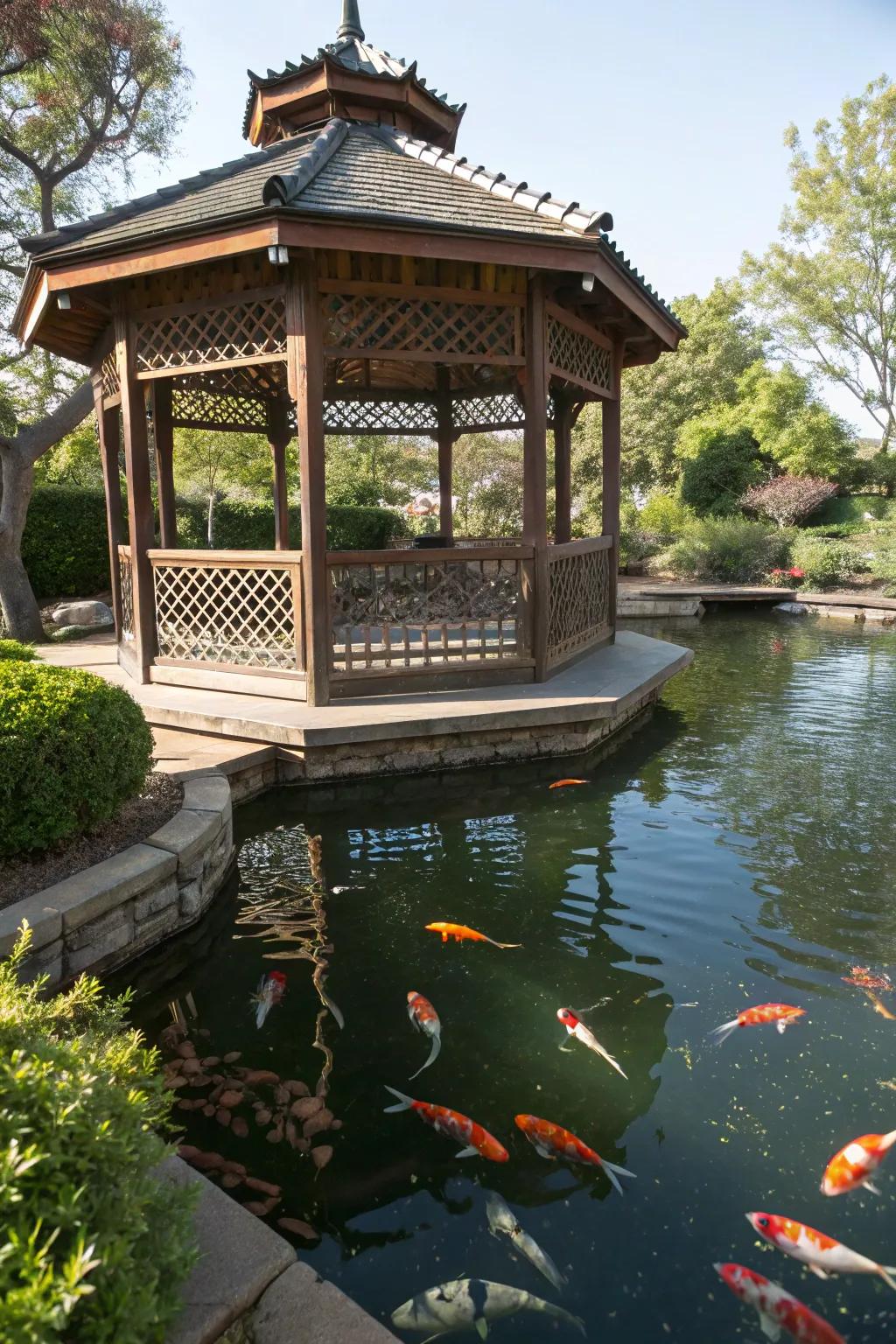 A koi pond elegantly shielded by a traditional gazebo.