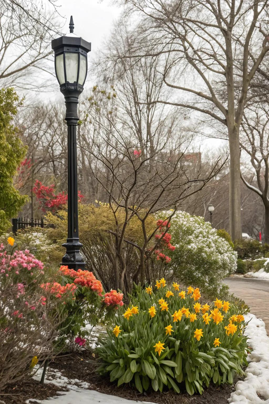 Seasonal plants bringing dynamic changes to a lamp post area.