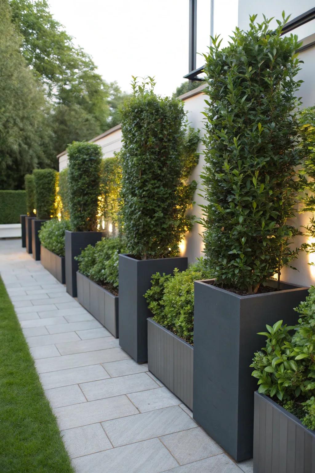 Stylish privacy with tall planters filled with lush greenery.