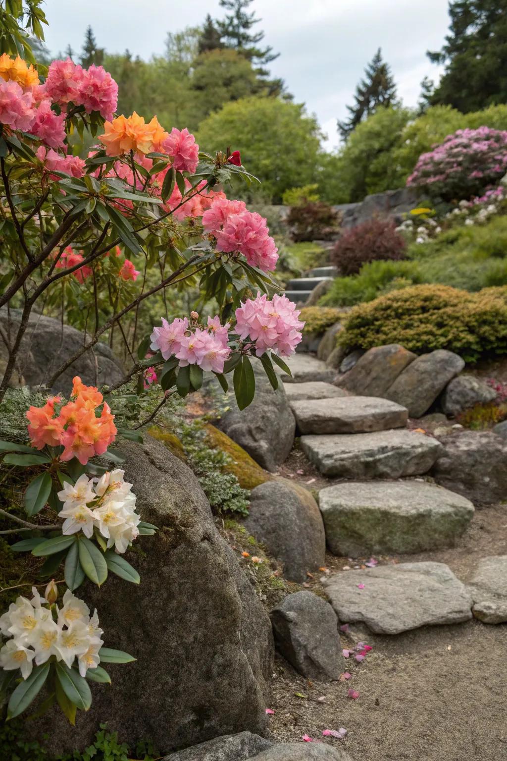 Rhododendrons adding color to a rock garden landscape.