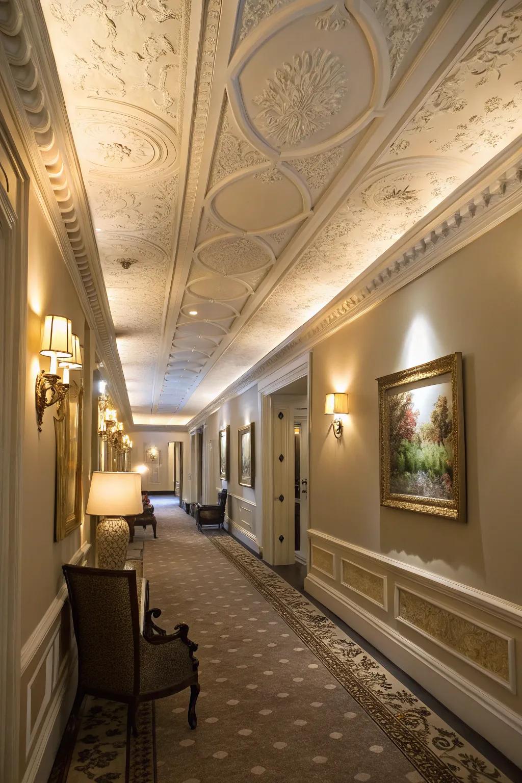 A beautifully decorated hallway with large crown molding, enhancing its elegance.