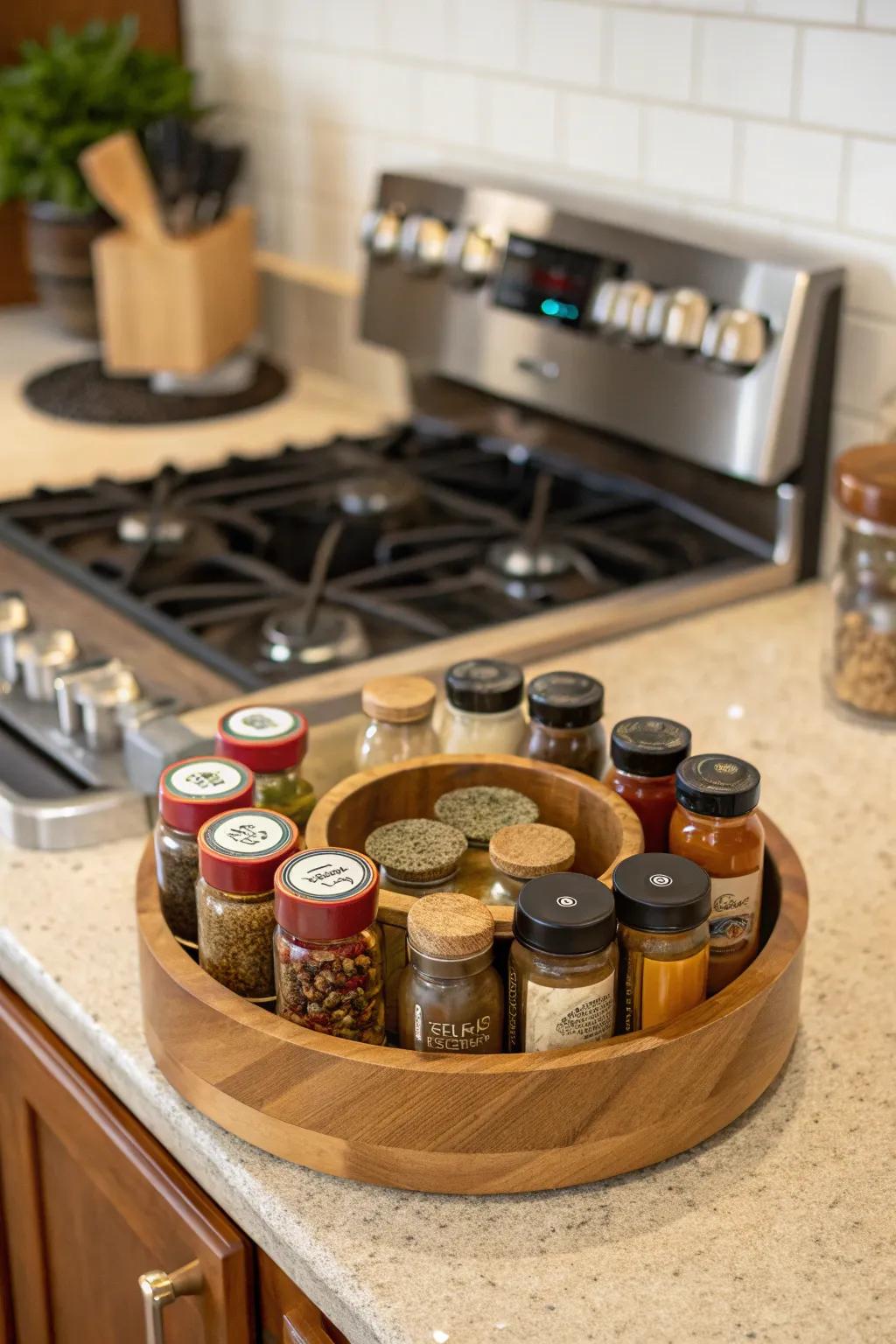 A tidy arrangement of condiments on a lazy Susan for easy access.