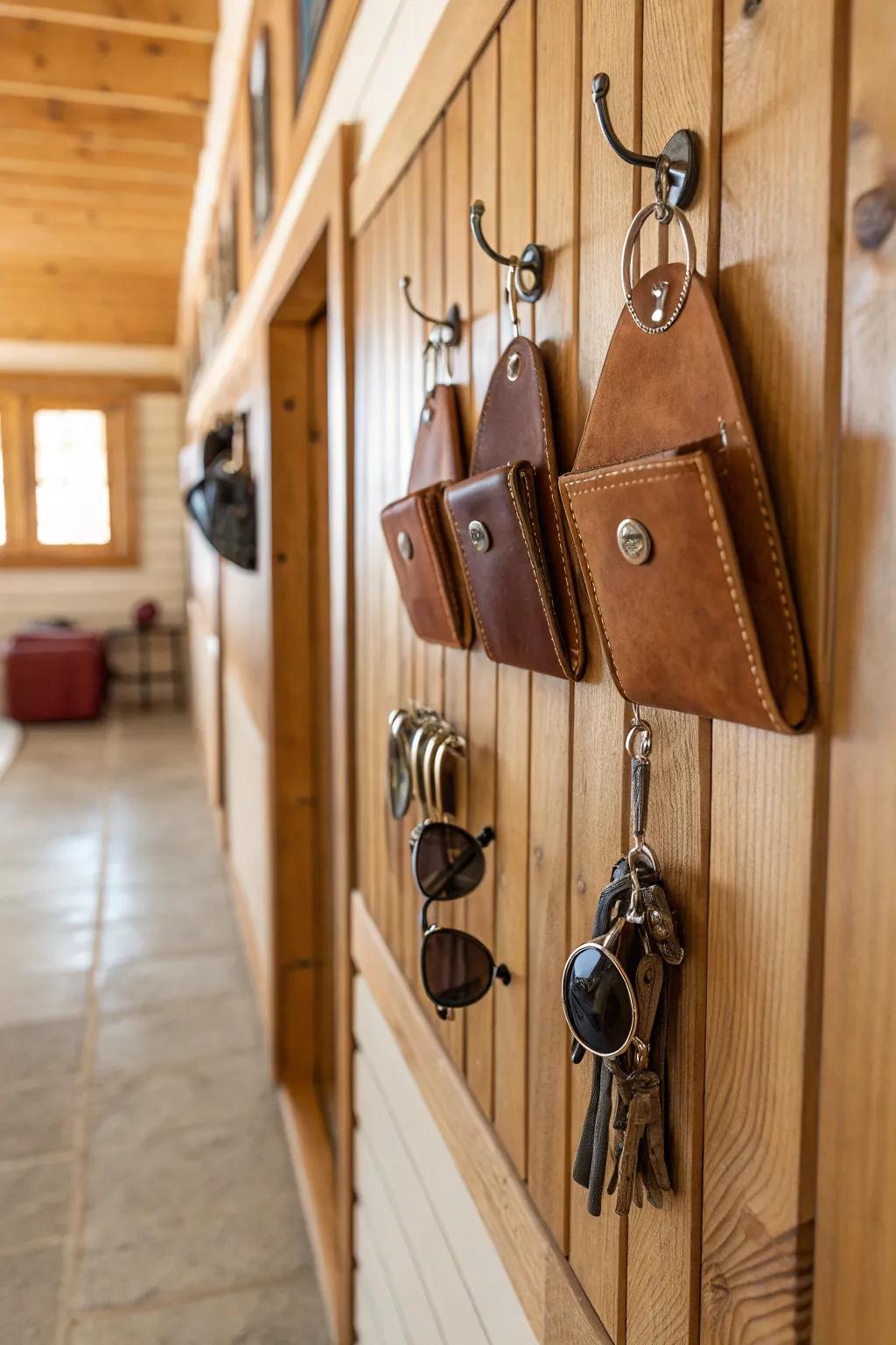 Stylish hanging pouches keep essentials within reach.