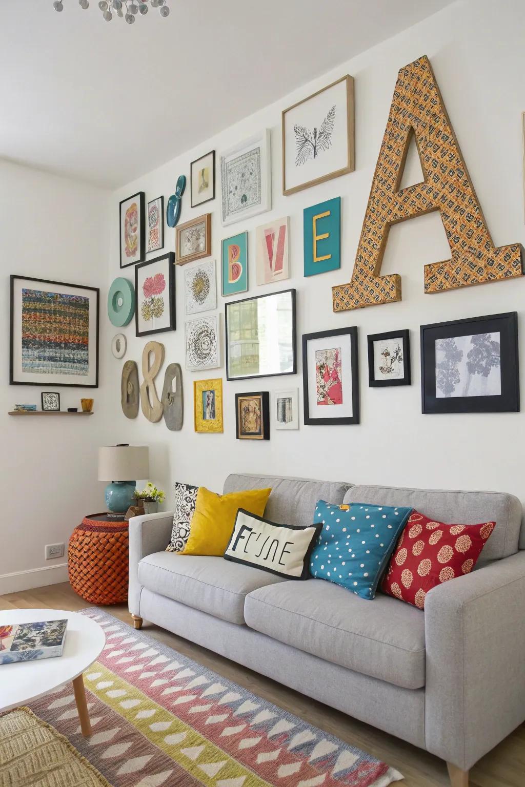 An innovative wall installation incorporating letters and artwork.