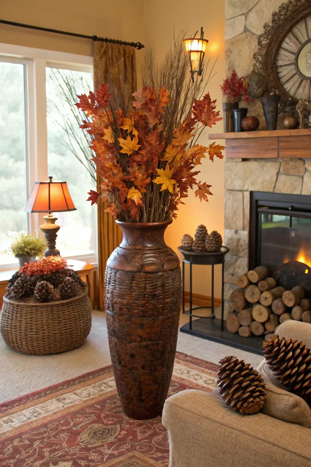 Seasonal elements like pinecones and leaves bring autumn's charm into your living room.